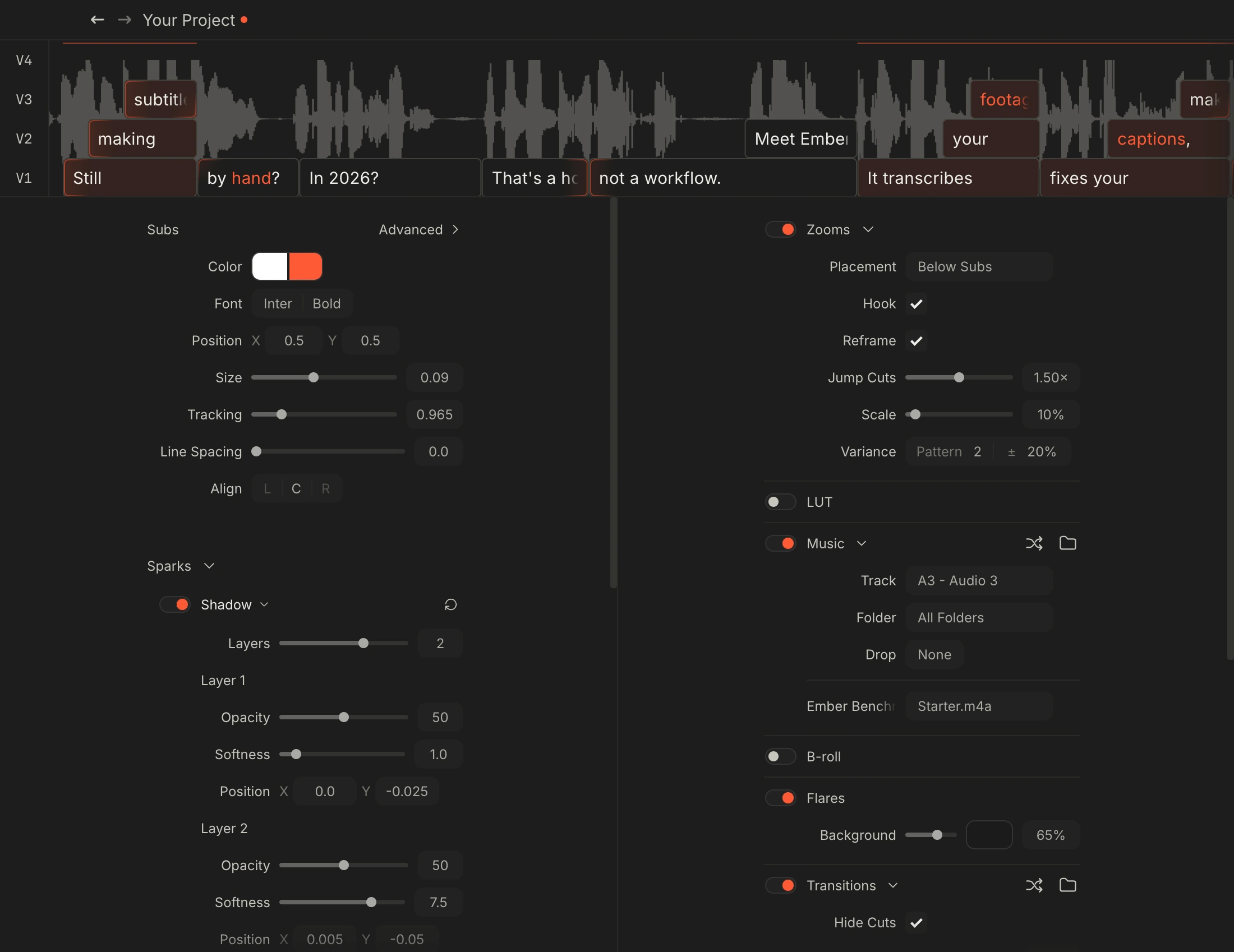 Ember Ignite previewing subtitle and finishing layers on the Resolve timeline